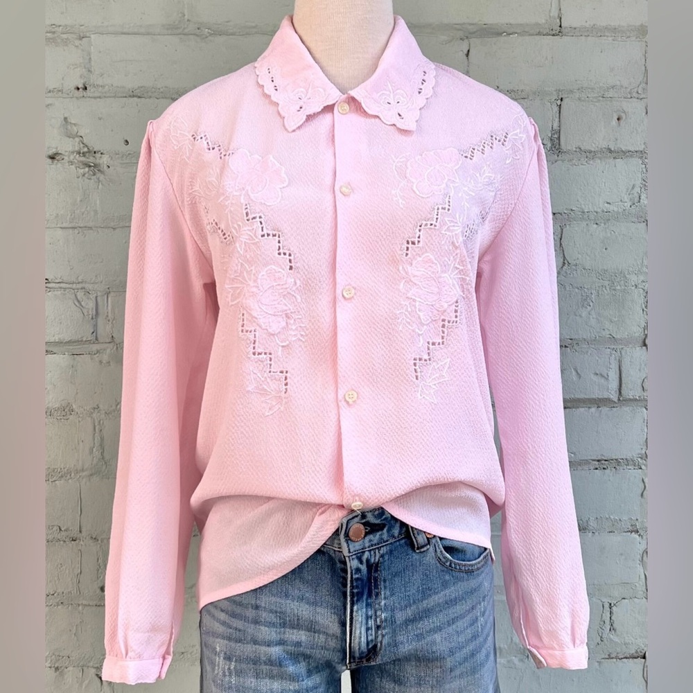 Vintage Pink Floral Embroidered Blouse